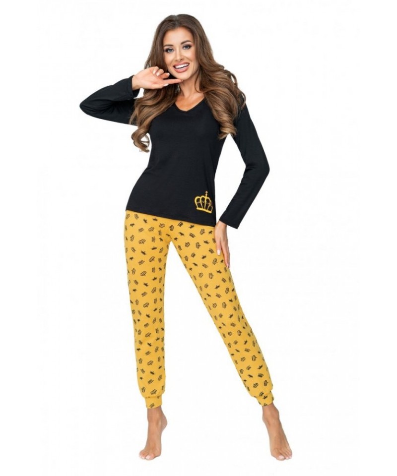 Donna Princessa dlouhý rukáv Dámské pyžamo, XL, černo-žlutá
