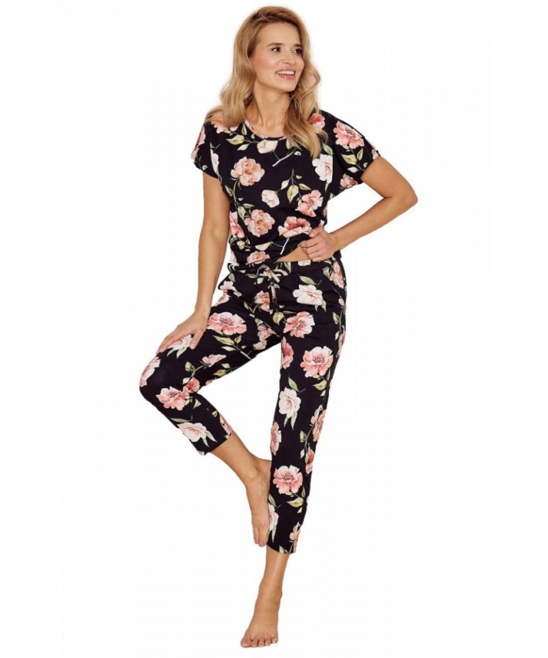Taro Peony 3136 W24 Dámské pyžamo, XL, czarny-kwiaty